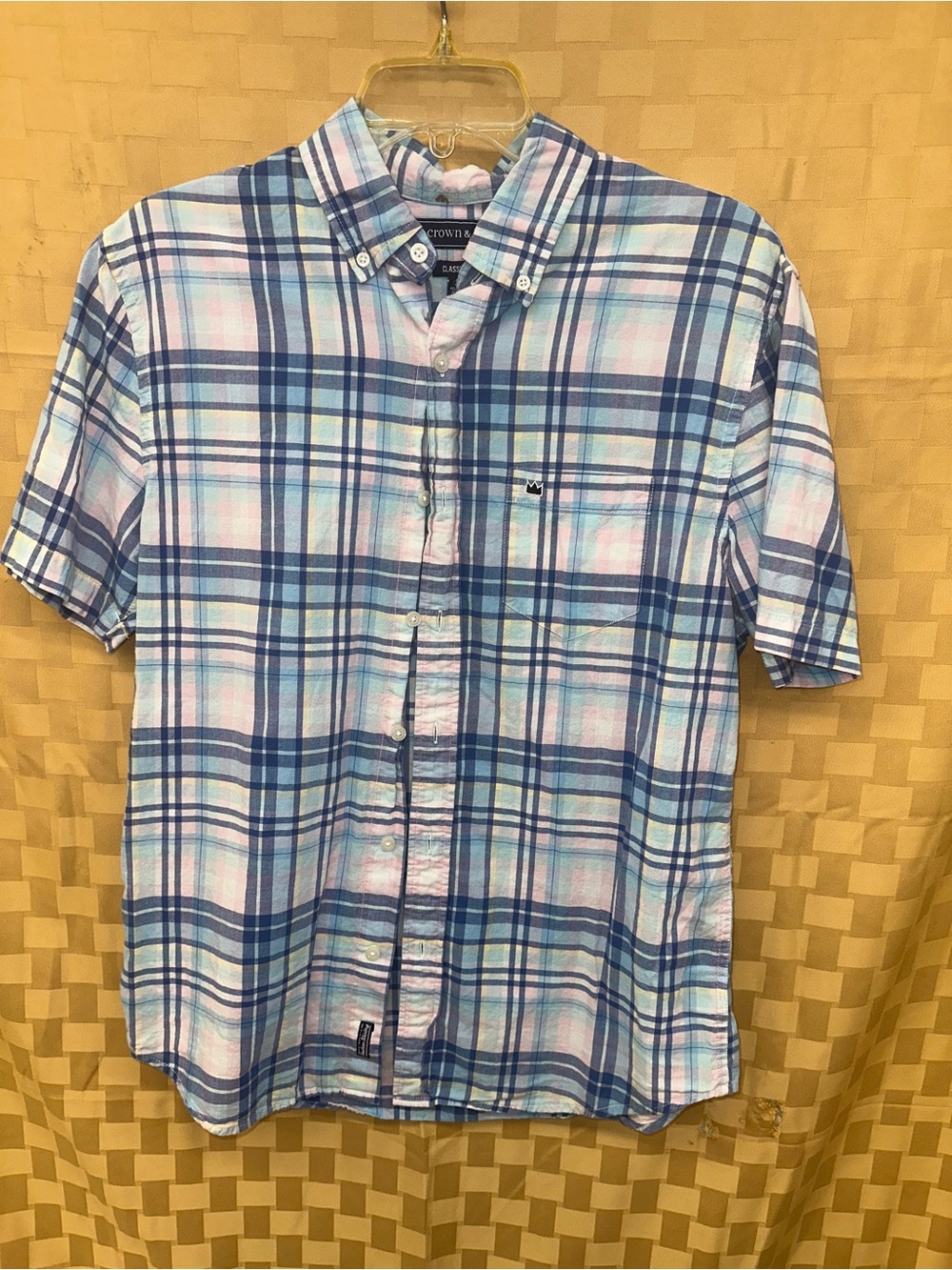 crown & ivy Blue and Pink Plaid Short-Sleeve Button-Down Shirt